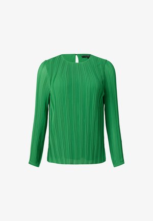 Grüne plissierte Bluse mit langen Ärmeln, rundem Ausschnitt und einem Schlüssel-Loch-Detail am Rücken. Hergestellt aus leichtem, strukturiertem Stoff.