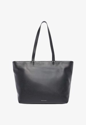 Bolso tote de cuero negro con dos asas para el hombro y pequeño logo "Trussardi" en el centro inferior.