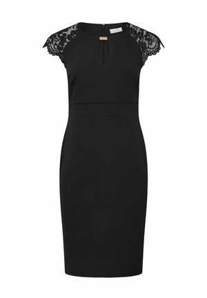 Schwarzes Kleid mit Spitzen-Ärmeln, Schlüssellochausschnitt, taillierter Silhouette und Reißverschluss auf der Rückseite. Glatter Stoff und strukturierter Schnitt.