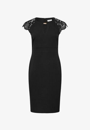 Schwarzes Kleid mit Spitzen-Ärmeln, Schlüssellochausschnitt, taillierter Silhouette und Reißverschluss auf der Rückseite. Glatter Stoff und strukturierter Schnitt.