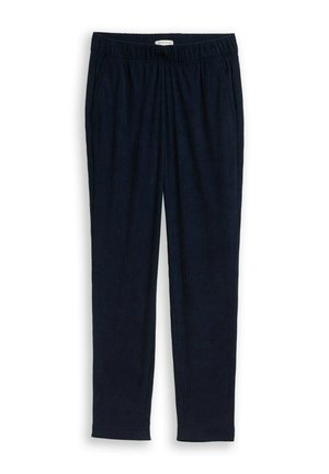 Granatowe, prążkowane spodnie z elastycznym pasem i bocznymi kieszeniami. Prosty krój nogawek, miękka faktura i casualowy styl.