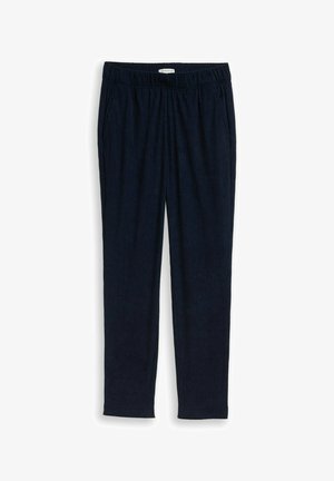 Marineblauwe, geribbelde stoffen broek met een elastische tailleband en zijzakken. Rechte pijp met een zachte textuur en een casual stijl.