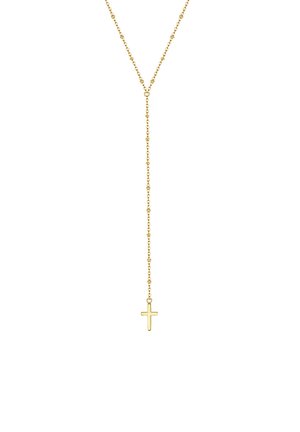 Gouden ketting met een delicate schakel en een klein, simpel kruispendant. Het ontwerp is minimalistisch met een gepolijste afwerking.
