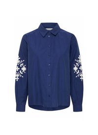 Navy blue button-up shirt made of cotton with long sleeves featuring white floral embroidery on the shoulders and a classic collar.
