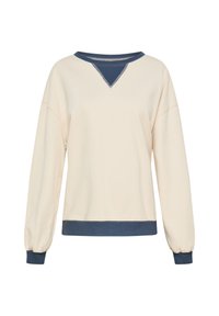 Felpa beige con un collo e polsini a coste blu navy. Presenta un dettaglio a forma di V sul collo e una vestibilità rilassata.