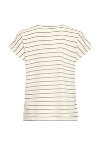 T-shirt blanc à manches courtes avec de fines rayures horizontales grises, vu de dos sur un fond blanc uni.