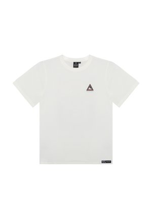Biała bawełniana koszulka z okrągłym dekoltem, krótkimi rękawami i małym trójkątnym logo na piersi, z wielobarwnym wzorem.