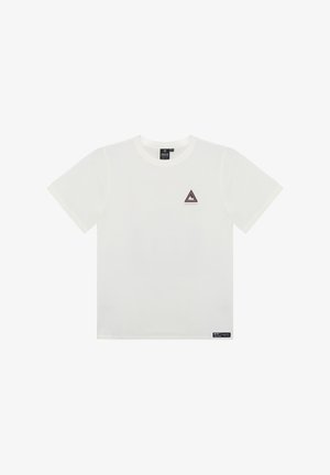 Biała bawełniana koszulka z okrągłym dekoltem, krótkimi rękawami i małym trójkątnym logo na piersi, z wielobarwnym wzorem.