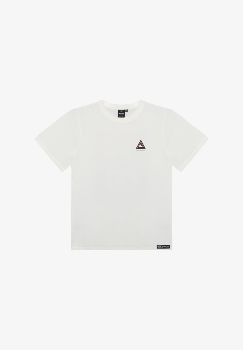 Witte katoenen T-shirt met een ronde hals, korte mouwen en een klein driehoekig logo op de borst met een veelkleurig ontwerp.