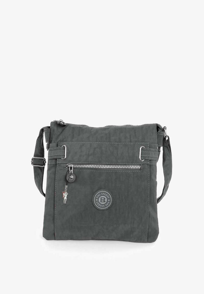 Gray crossbody bag made of textured fabric, featuring a front zipper pocket, logo patch, and an adjustable strap with metal hardware accents.