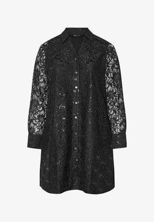 Schwarzes Spitzenhemdkleid mit langen Ärmeln, besticktem Blumenmuster, Knopfleiste und spitzem Kragen, mit lockerer Passform und strukturiertem Stoff.