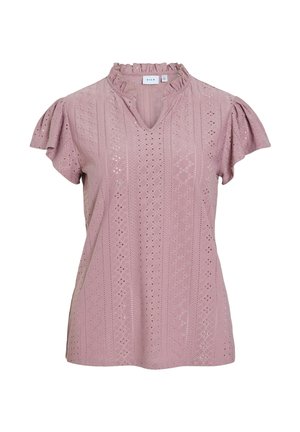 Blouse rose à manches courtes avec motif en dentelle à jours, encolure ronde à volants et fente avant en forme de V.