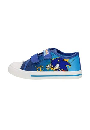 Baskets pour enfants bleues avec embout blanc, deux brides à scratch et un motif de Sonic le hérisson sur le côté avec des accents jaunes.