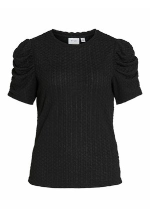 Svart, teksturert kortermet bluse med rynkede puff-ermene og rund hals, merket VILA, vist på hvit bakgrunn.