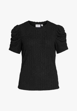 Schwarze, strukturierte Kurzarmbluse mit gerafften Puffärmeln und rundem Ausschnitt, mit dem Label VILA, auf weißem Hintergrund dargestellt.