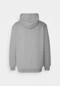 Sudadera gris con capucha y textura suave. Presenta una capucha grande, puños acanalados y un corte relajado, sin detalles de diseño visibles en la parte posterior.