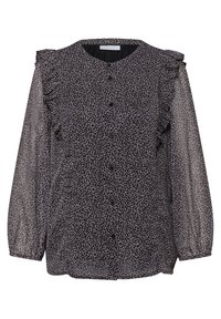 Blouse transparente à imprimé léopard noir et gris, manches longues bouffantes, devant boutonné, avec des détails à volants sur les épaules.
