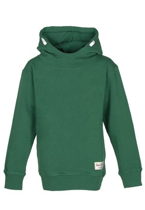 Groene trui met een hoge, opgevouwen capuchon, lange mouwen en geribbelde boorden. De stof lijkt zacht, met een klein label aan de voorkant onderaan links.