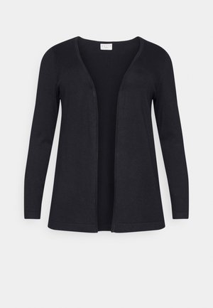 Schwarzer Cardigan, gestrickter Stoff, offenes Frontdesign, lange Ärmel, keine Verschlüsse, glatte Textur, minimalistische Stil, gerader Saum.