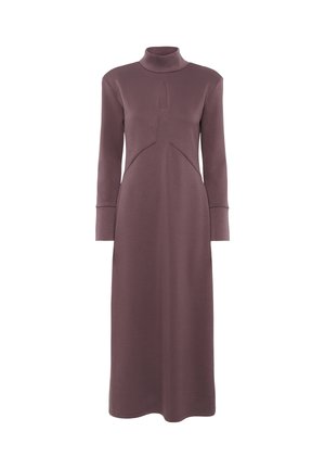 Lilaruusu pitkähiha dress, jossa on korkea kaulus, keskellä oleva leikkaus ja kaarevat paneelikoristeet, jotka luovat istuvan siluetin ja sileän tekstuurin.