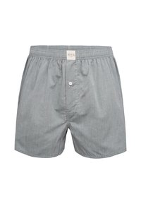 Boxer in tonal grigio chiaro da uomo con sottili strisce verticali, vita elasticizzata, bottone frontale e etichetta al centro della vita.