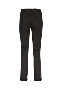 Sorte, strækstofbukser med opsmøg i benene, elastisk talje og to baglommer med dekorativ syning.