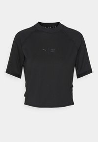 Svart kortärmad träningströja med rund hals, texturerad tyg och subtil logotypdetalj på framsidan.