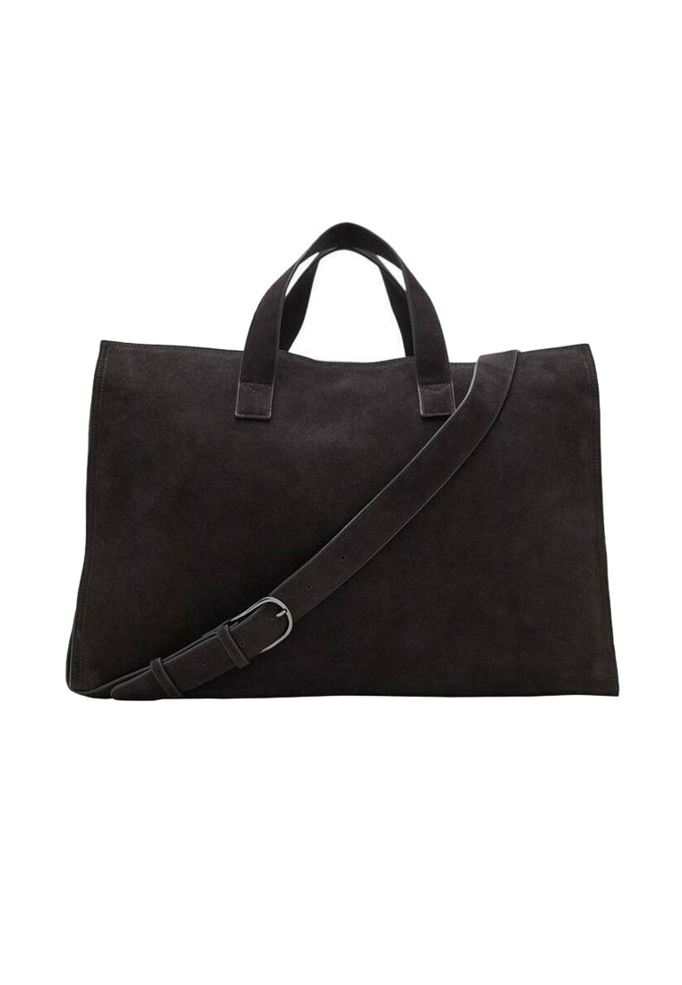 Bolso de ante negro con dos asas cortas y una correa para el hombro removible. Forma rectangular, diseño minimalista, textura suave, sin herrajes visibles.