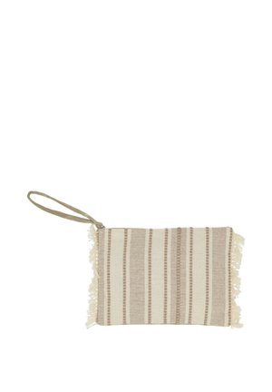 Kleine Armtasche in Beige und Creme mit gestreiftem Design, gewebtem Stoff und Fransen an beiden kurzen Seiten.