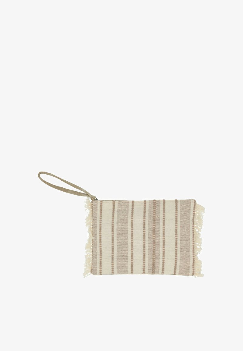 Petite pochette-bracelet beige et crème à rayures, en tissu tissé avec franges sur les deux bords les plus courts.