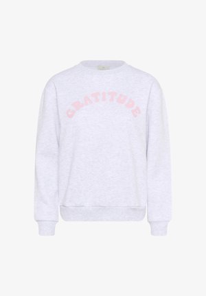 Svetlošedý sveter s okrúhlym výstrihom, dlhými rukávmi a rebrovanými manžetami. Na prednej strane je nápis "VDAČNOSŤ" v ružovom, zakrivenom písme.