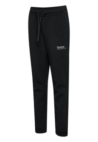 Zwarte joggerbroeken van zacht materiaal, met een elastische tailleband en een trekkoord, en een klein wit logo op de dij.
