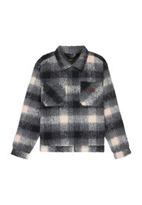 Kariertes Jackett in Grautönen und Weiß, gefertigt aus strukturiertem Stoff. Verfügt über einen Kragen, zwei Brusttaschen und einen Reißverschluss.