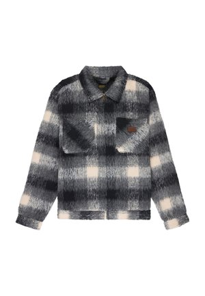 Giacca a quadri in tonalità di grigio e bianco, realizzata in tessuto testurizzato. Presenta un colletto, due tasche sul petto e una chiusura con zip.