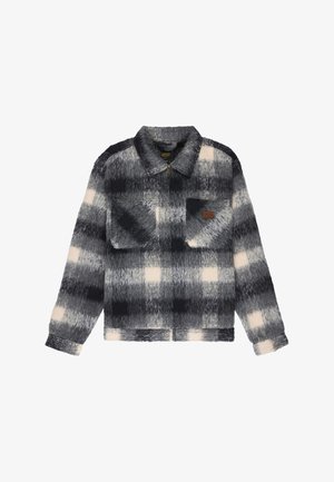 Checkered jacket in shades of gray and white, made from textured fabric. Features a collar, two chest pockets, and a zip closure.