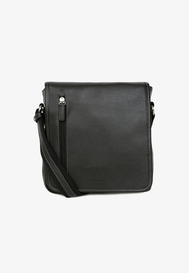 Borsa a tracolla nera in pelle con finitura testurizzata, dotata di tasca frontale con zip e tracolla regolabile. Forma quadrata con dettagli di cucitura.