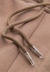 Cordons tressés marron avec des embouts en plastique transparent, ornés de détails dorés, sur un fond de tissu beige doux.