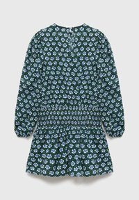 Temnozelena dolga obleka z dolgimi rokavi z elastičnim pasom in majhnim modrim in belim cvetličnim vzorcem, z gumbom za zapiranje na vratu zadaj in razpetim robom.