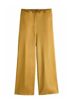 Pantaloni a gamba larga color senape con vita elastica e davanti liscio, progettati per il comfort e un utilizzo casual.