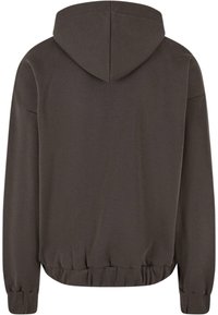 Dark brown hooded sweatshirt with a loose fit, ribbed cuffs, and a knit texture. The back features a smooth surface with no visible logos or designs.