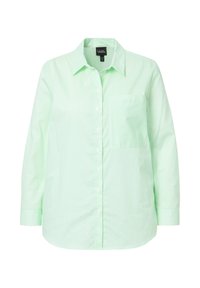 Camicia a maniche lunghe verde chiaro a righe con chiusura a bottoni e una tasca sul petto. Presenta un colletto classico e un orlo dritto.