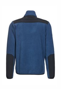 Fleecejacke in Dunkelblau mit schwarzen Paneelakzenten an Schultern und Ärmeln. Stehkragen und elastische Bündchen. Glatte Textur.