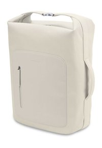 Zaino rectangolare beige con esterno imbottito, tasca frontale con cerniera, manico superiore e manico laterale per una facile portabilità.