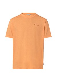 T-shirt a maniche corte di un vivace arancione, con una texture liscia e un colletto a girocollo. Presenta un piccolo logo sul lato sinistro del petto.