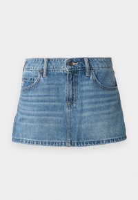 Denim mini suknja u svijetloplavoj boji sa strukturiranim dizajnom. Ima prednje džepove, petlje za pojas i suptilno izblijeđenje za teksturu.