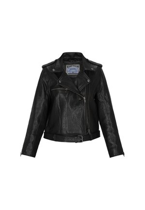 Melnas ādas motojakas ar teksturētu apdari, asimetrisku rāvējslēdzēju, apmetņu apkakli un sudraba aksesuāriem. Regulējams josta viduklī.