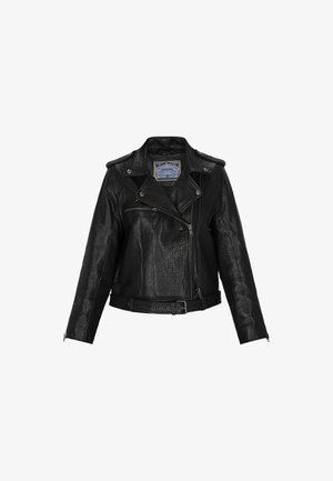 Melnas ādas motojakas ar teksturētu apdari, asimetrisku rāvējslēdzēju, apmetņu apkakli un sudraba aksesuāriem. Regulējams josta viduklī.