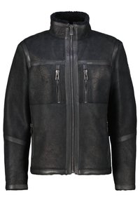 Veste en cuir noir avec un col montant, deux poches zippées à l'avant, des accents en cuir contrastés et une finition texturée.