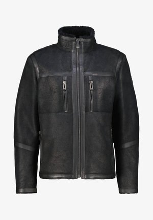 Black leather jacket featuring a high collar, two front zip pockets, contrasting leather accents, and a textured finish.
