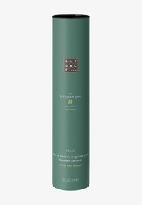 Emballage cylindrique vert avec une finition texturée, arborant un logo argenté et un texte jaune. Contient des bâtonnets parfumés pour la relaxation.